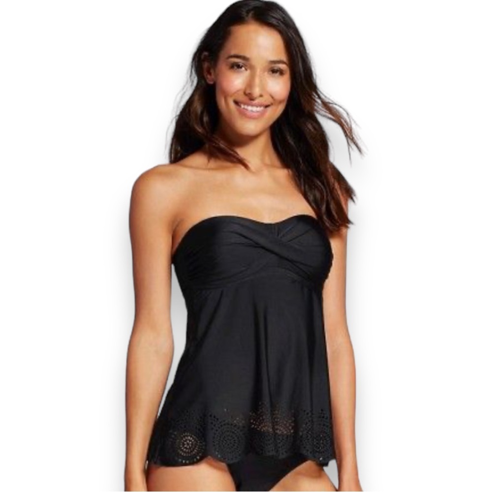 Merona Women's Black Mesh Lace Tankini Side Bone Ruche with Padding Size Small